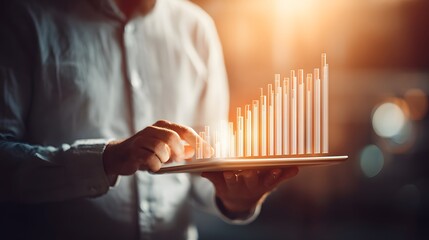 A person interacts with a tablet displaying a growing bar graph.