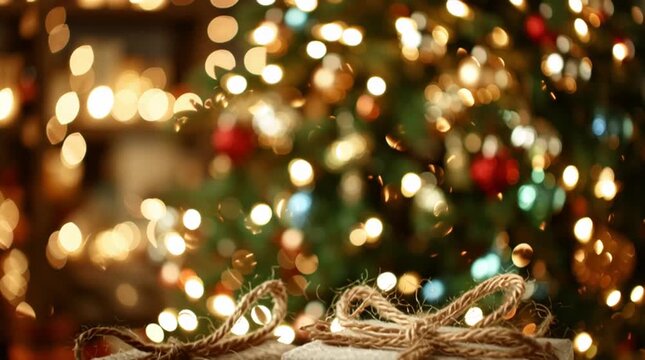 Two wrapped christmas presents with twine bows sit in front of a blurred christmas tree with lights