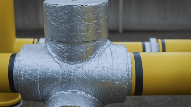 Industrial energy sector engineering with insulated metal pipe joint and yellow pipeline connection wrapped silver foil for efficient flow and safety