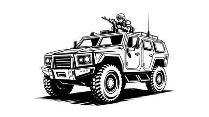 Armored military vehicle with soldier isolated on white background