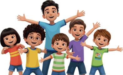 3D cartoon group of little children on transparent background. Generative AI