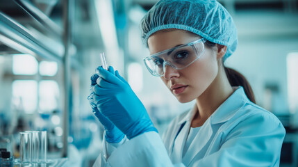 Female scientist working in a laboratory using a pipette with a test tube.