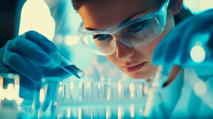 Female scientist working in a laboratory using a pipette with a test tube.