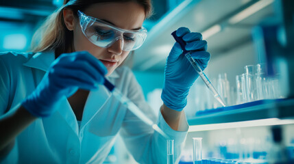Female scientist working in a laboratory using a pipette with a test tube.