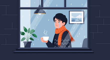 Melancholic Man Contemplating Rain With Cup of Coffee In Hand Near Window
