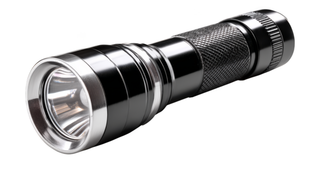 Durable metal flashlight, illuminating the night with powerful beam.