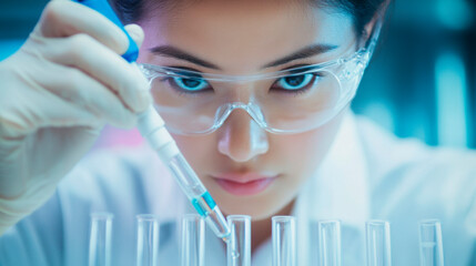 Female scientist working in a laboratory using a pipette with a test tube.