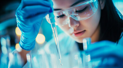 Female scientist working in a laboratory using a pipette with a test tube.