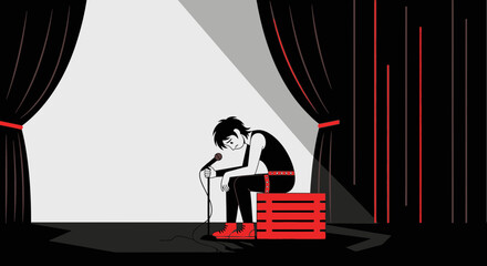 Melancholy Musician Sits Alone on Stage Under a Spotlight After Show