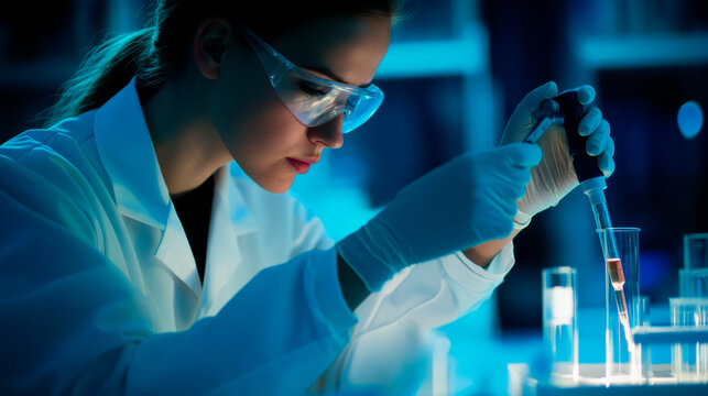 Female scientist working in a laboratory using a pipette with a test tube.