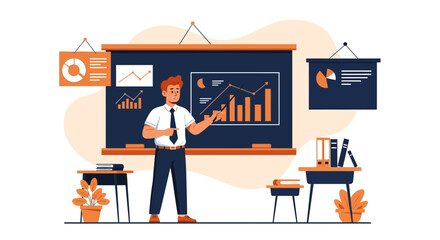 Modern Business Presentation Of Charts Data With Male Character Explaining Process