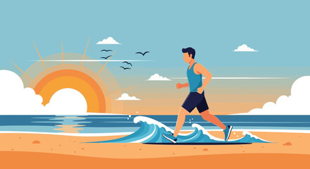 Morning Jogging Man Silhouette On The Beach At Sunrise With Ocean Wave