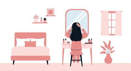 Morning Routine Brushing Hair At Vanity Table In Minimalist Pink Bedroom
