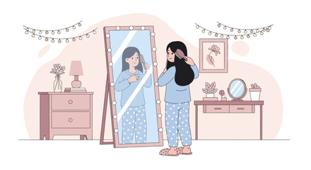 Morning Routine Combing Hair Before The Mirror In The Dressing Room
