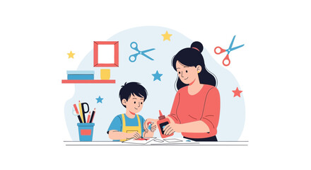 Mother Helping Son With Crafts At Home Learning Art Development