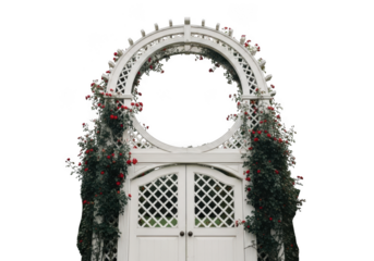 Ornate white garden archway with lattice doors and floral embellishments isolated on transparent background