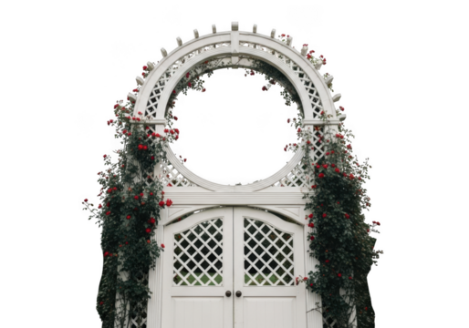 Ornate white garden archway with lattice doors and floral embellishments isolated on transparent background - Powered by Adobe