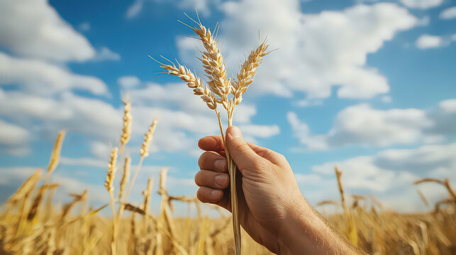 A hand holding wheat stalks against a blue sky with clouds over a field of golden wheat crops - Powered by Adobe