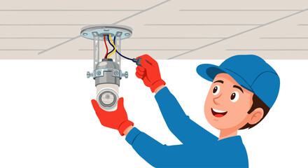 Electrician Installing Ceiling Fixture with Focused Attention