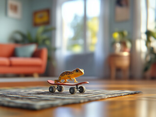 A Tiny Lizard Riding a Toy Skateboard 장난감 스케이트보드를 타는 작은 도마뱀