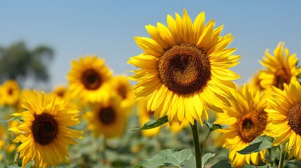 Obraz premium Bright sunflowers in a field against a clear sky.