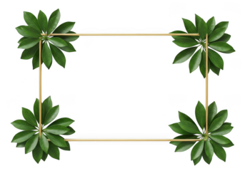 Elegant golden rectangle frame adorned with lush green leaves isolated on transparent background