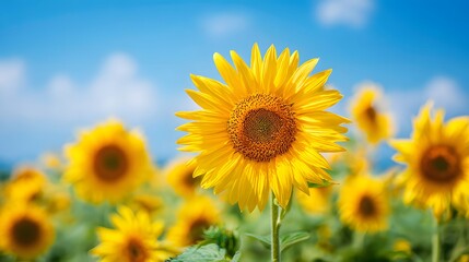 Vivid sunflowers against a bright blue sky.
