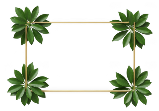 Elegant golden rectangle frame adorned with lush green leaves isolated on transparent background