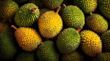 lose-up of a towering pile of spiky durian fruits, golden-brown husks and creamy flesh