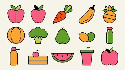 Comprehensive collection of healthy food and diet related graphic elements showcasing wellness and balanced eating choices for modern design applications