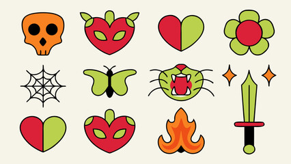 Retro y2k neo tribal skull tattoo design with bold outlines and vibrant color accents for apparel and graphics