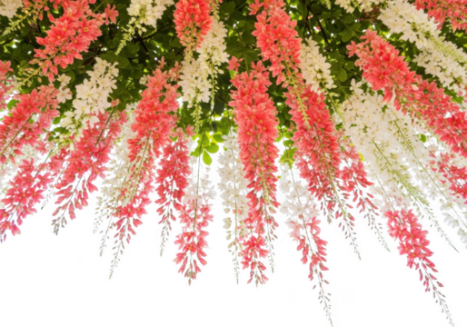 Cascading floral arrangement of pink and white blossoms isolated on transparent background