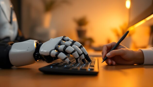 An office desk with a robotic arm typing on a keyboard next to a human hand holding a pen, clean minimal background, high-tech,, symbolic workplace automation, no human face shown