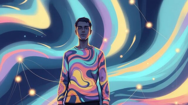 A young man stands confidently in a vibrant swirling abstract background filled with colorful patterns and soft glows symbolizing creativity and self-expression in a modern artistic setting