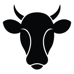 Black silhouette of a cow head with horns and ears on white background cattle bull