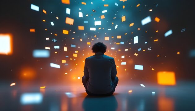 A person sitting alone on the floor surrounded by floating notifications, messages, and digital noise, head bowed and mental exhaustion, faceless, conceptual photography