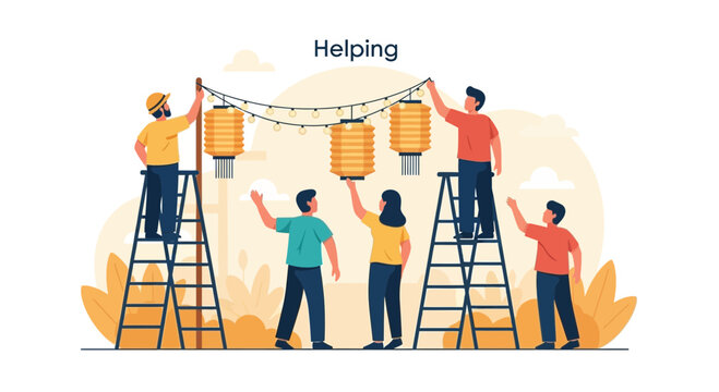 Teamwork Decorating With Festive Lanterns For A Celebration Event Illustration