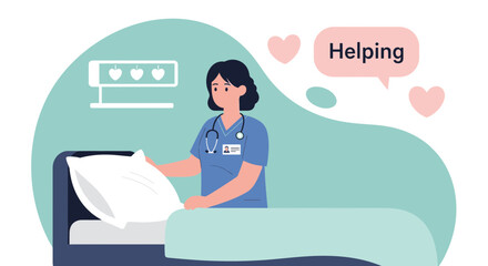 Fototapeta premium Nurse Helping Comforting Patient In Hospital Bed Illustration Flat Design