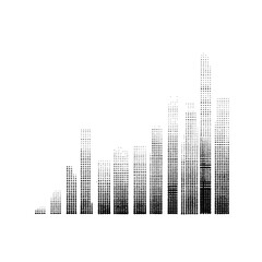 Fototapeta premium Halftone bar graph showing an upward trend with increasing height and density of black dots on white background