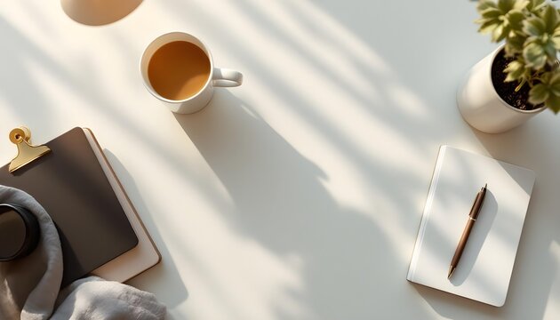 Flat lay photo of a minimalist home office desk setup, laptop, notebook, pen, ceramic coffee cup, beige and white tones, soft shadows.