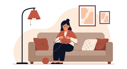 Peaceful Scene Of Woman Knitting On Couch In Cozy Home Interior