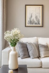 Elegant Living Room With Comfortable White Sofa, Stylish Grey Cushions, And Decorative Vase Creating A Cozy Atmosphere