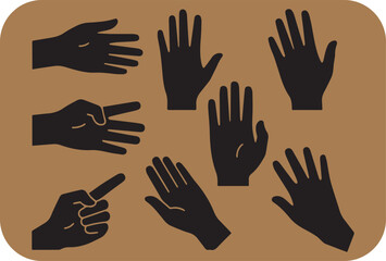 Silhouette collection of human hands displaying various gestures and poses against a warm brown background