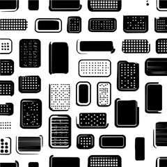 Seamless pattern featuring various black rectangles and rounded shapes with dot and line details spread evenly