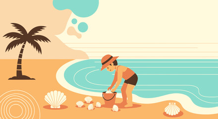 Retro beach vacation illustration featuring a child collecting seashells by the sea
