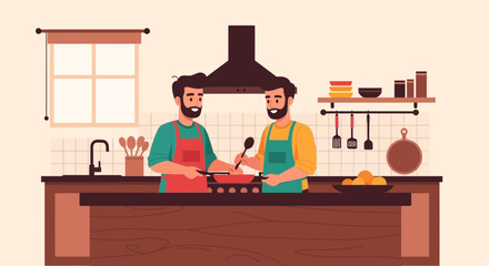 Two Bearded Men Cooking Together in the Kitchen with Happy Expressions