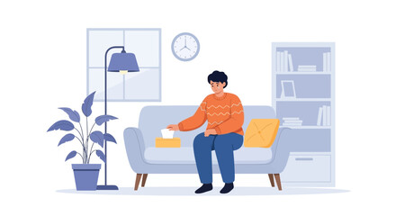 Fototapeta premium Sad Man Feeling Depression And Loneliness Sitting on Sofa At Home