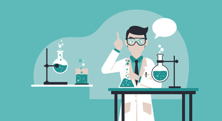 Fototapeta premium Scientist In Lab Coats Conducting Chemistry Experiments With Bubble Speech