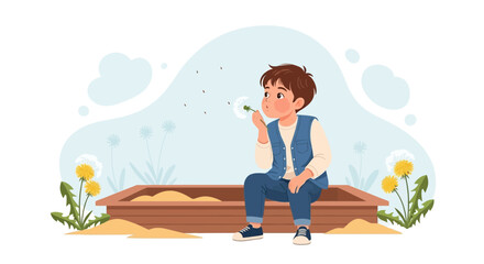 Wishing Boy Blowing Dandelion Seeds Sitting On A Sandbox In The Garden