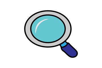 The image shows a stylized illustration of a magnifying glass. The lens is depicted in light blue with a white reflective highlight, encased in a gray circular frame. 